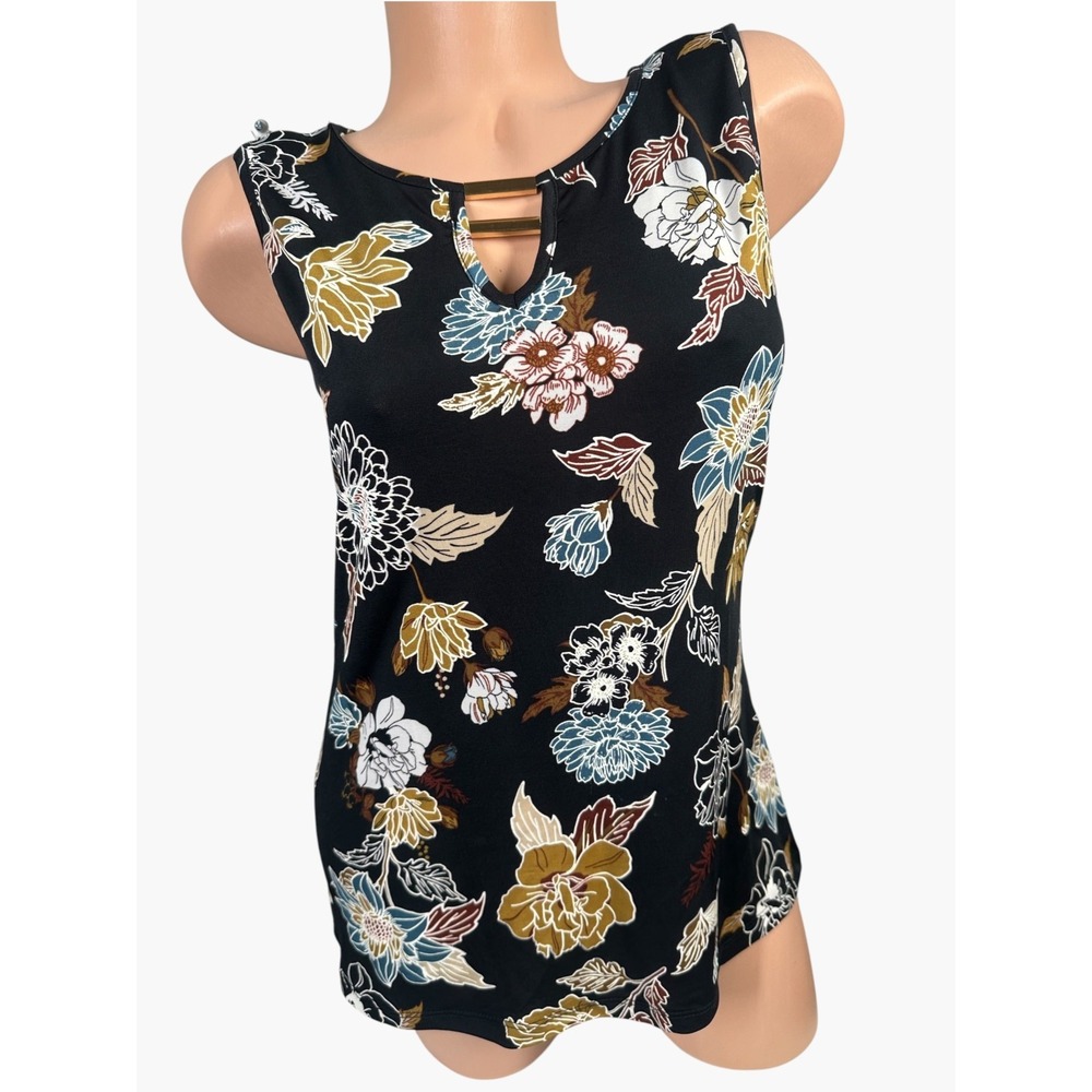 Vintage By Design Small Top Womens Tank Floral Y2K Black Round Neck Retro